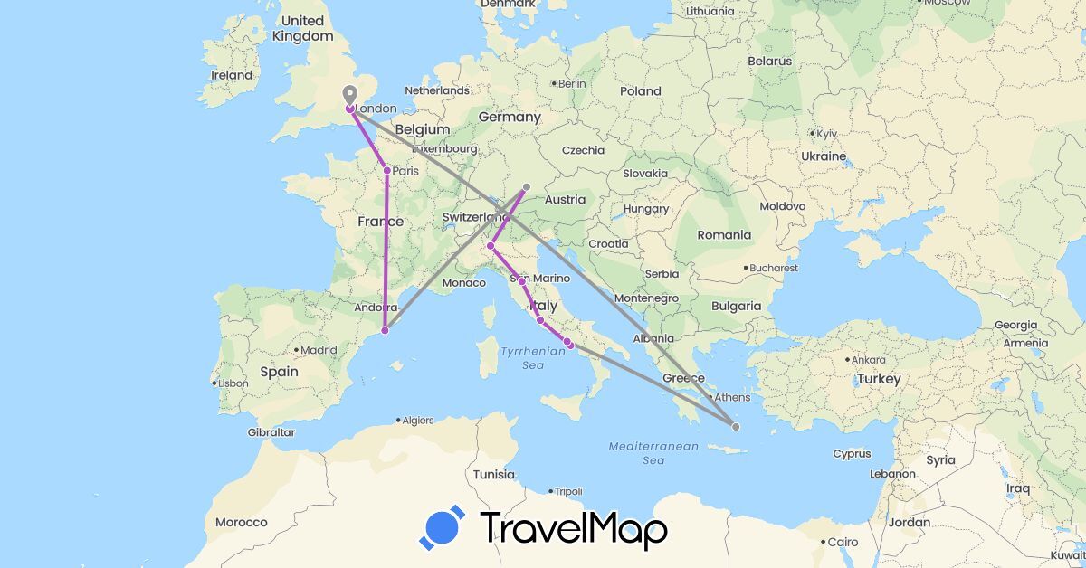 TravelMap itinerary: driving, plane, train in Germany, Spain, France, United Kingdom, Greece, Italy (Europe)